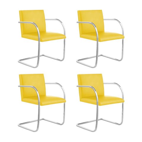 Kit 4 Cadeiras Brno para Escritório Couro Sintético Amarelo Tubular Cromada
