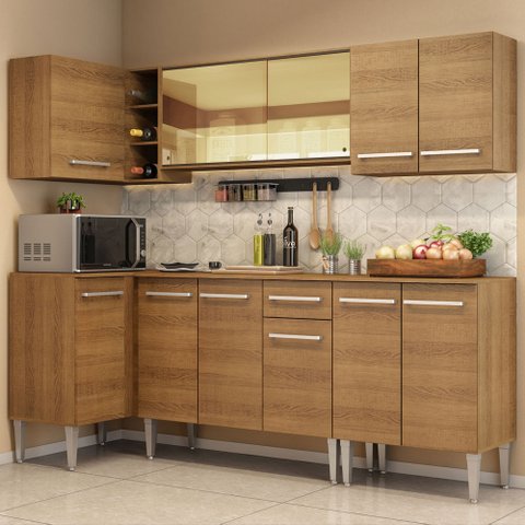 Cozinha Completa de Canto Madesa Emilly Play com Balcão e Armário Vidro Reflex Rustic Cor:Rustic