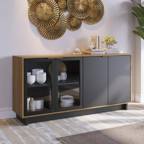 Aparador Buffet com Vidro e 4 Portas 160cm Multimóveis Crcol-APA007 Madeirado/Preto