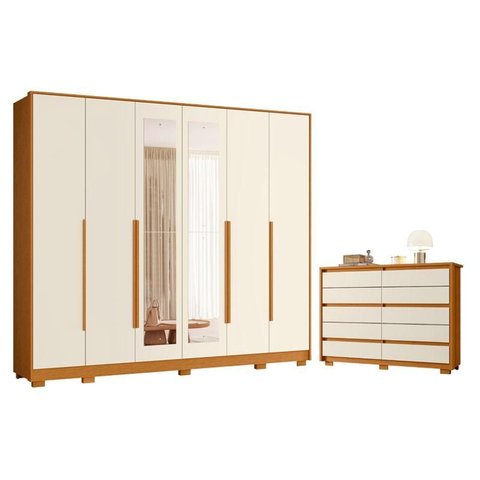 Guarda Roupa Casal Mercure com Espelho 6 Portas e Cômoda Duetto 10 Gavetas Cinamomo Off White - Mó