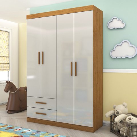 Guarda-Roupa 4 Portas 2 Gavetas Infantil Perola Branco/Cinamomo/Off White