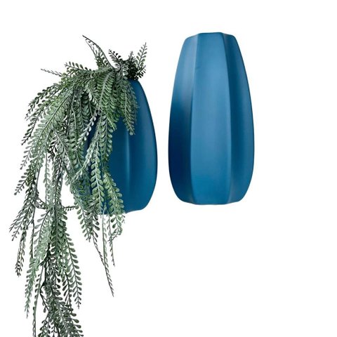 Dupla Vaso Centro de Mesa Alto Relevo Azul c/ Planta Decor