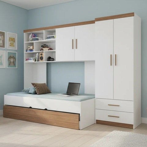Quarto Completo Solteiro Juvenil 4 Peças com Guarda Roupa e Bicama Modulado Chiara e Carvalho