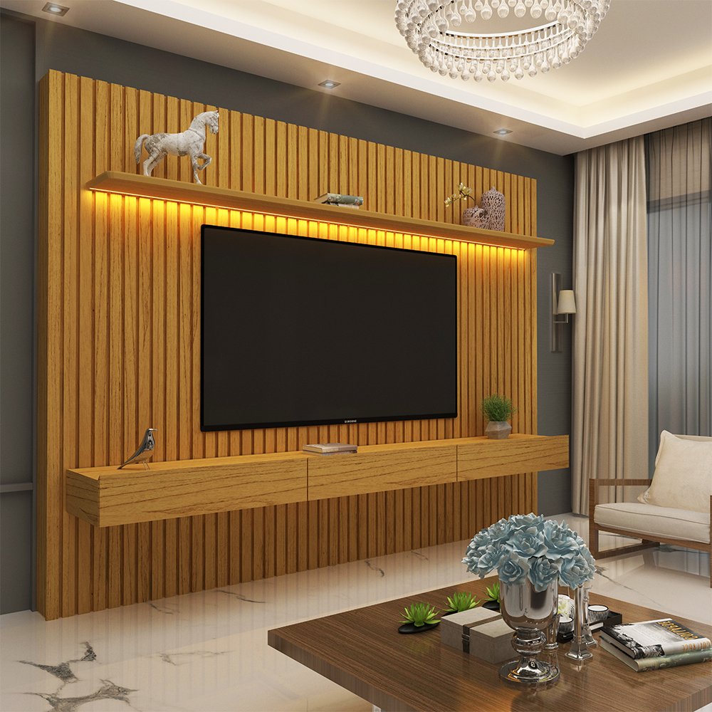 Estante Home Ripada para TV até 85 Polegadas com LED 3 Gavetas Nobre Clean Gelius Móveis