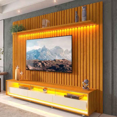Rack com Painel para TV até 90 Polegadas 100% MDF com LED 228,8CMX217CM 3 Gavetas Nobre Clean Yescasa Marrom