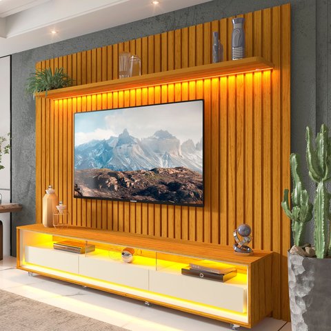 Rack com Painel para TV até 90 Polegadas com LED 100% MDF 228,8cmx217cm 3 Gavetas Nobre Clean