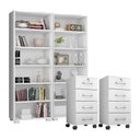 Ver imagem 1 de Kit 2 Gaveteiros para Escritório Gávea com Chave e 2 Livreiros Office Branco Fosco – Móveis Le