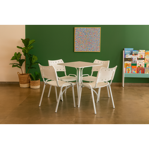 Jogo Mesa Quadrada 70x70 para Restaurante Comércio com 4 Cadeiras Iso Branca Base Branca Ecomhome