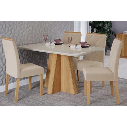 Sala de Jantar Completa Maitê Tampo Madeirado C/ Vidro 130x80cm e 4 Cadeiras Fernanda Nature/off