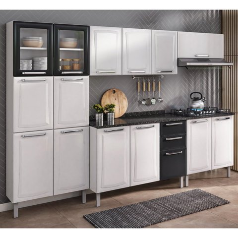 Cozinha Modulada em Aço 5 Peças 15 Portas 2 Gavetas Balcão p/Cooktop 5Q Tarsila Itatiaia Branco/Preto