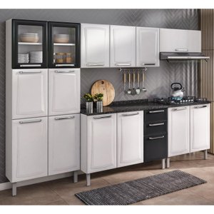 Cozinha Compacta em Aço 5 Peças 15 Portas 2 Gavetas Paneleiro Duplo Balcão Para Cooktop em Aço Tarsila Itatiaia