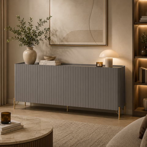 Balcão Buffet p/ Sala Porta Brise 180cm Pés Metal 100% MDF Cor:Grigio com Dourado