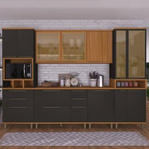 Cozinha Modulada Paneleiro Nicho Forno Aéreo 2 Portas 120cm e Cristaleira 4 Portas com Vidros Reflecta Balcão com Tampo 120cm Completa 6 Peças Madri