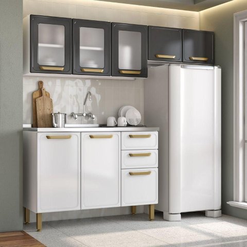 Cozinha Compacta Aço com Pia Grafite Branco Bella Bertolini Grafite Branco