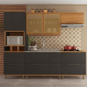 Cozinha Modulada Paneleiro 4 Portas com Nicho Forno Aéreo 2 Portas 120cm com Vidros Reflecta Balcão para Pia Sem Tampo Completa 6 Peças Madri