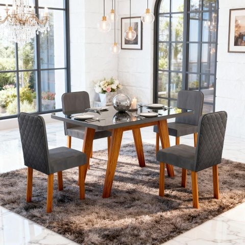 Sala de Jantar 130x90 Mavie Mdf/vidro Grafite 4 Cad Veludo Chumbo