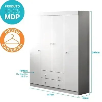 Ver imagem 3 de Quarto Para Bebê Infantil com 01 Guarda Roupa 4 Portas 2 Gavetas com 01 Cômoda 4 Gavetas 1 Porta Helena