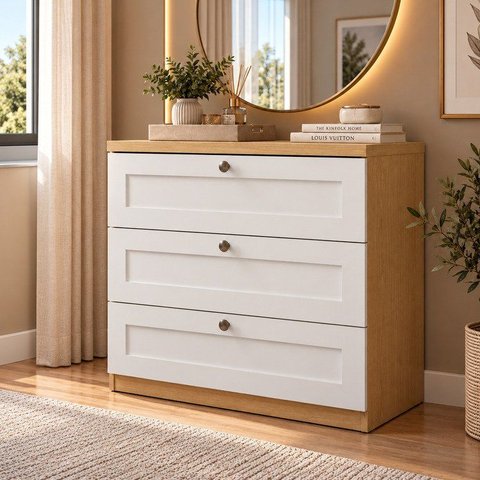 Cômoda Infinity 100% MDF 3 Gavetas Provençais Americana Branco/Savana
