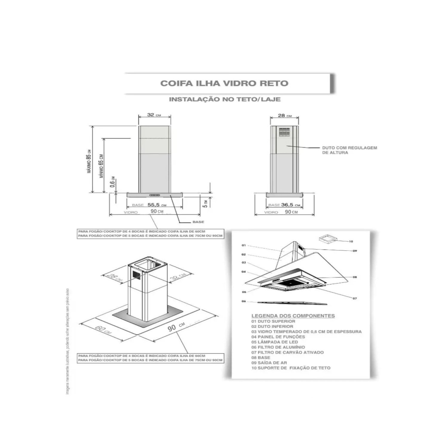 Coifa de Ilha Vidro Reto Inox 90cm Fogatti 220V - 4