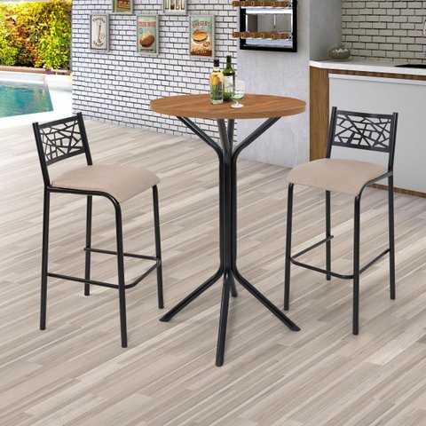 Conjunto Bistrô Dani 2 Banquetas e Mesa Tampo BP Redondo Preto/Fosco/Linho Bege