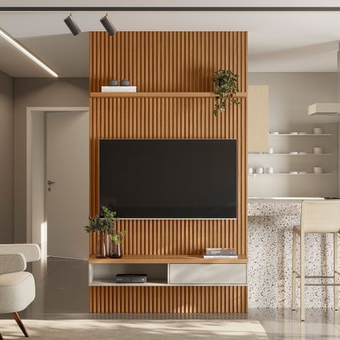 Painel Ripado para TV até 75 Polegadas MDF 140cmx250cm Modular 1 Nicho 1 Prateleira Linea