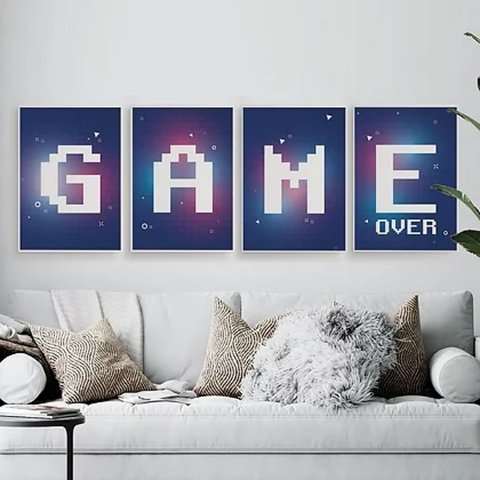 Kit 4 Quadros Gamer Game Over Roxo 24x18cm - com vidro:Madeira branca