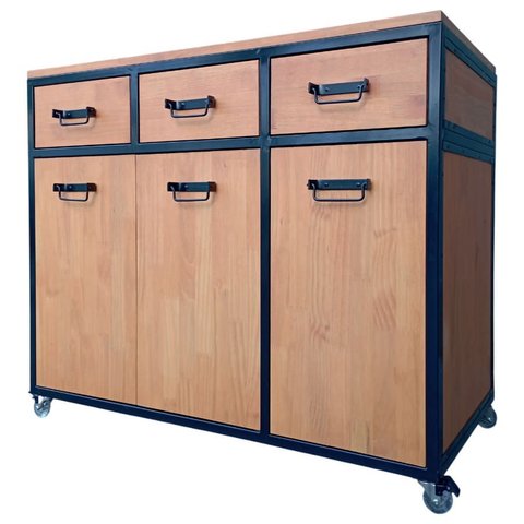 Buffet Aparador Industrial com 3 Gavetas e 3 Portas - Ferro Cor Preta e Madeira Cor Canela