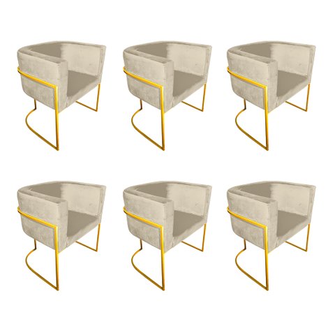 Kit 6 Poltronas Decorativa Sala de Estar Base de Ferro Dourada Veludo Bege