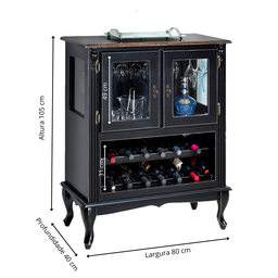 Adega Colonial de Madeira com 2 Portas para até 12 Garrafas - Preto com Tampo Castanho Envelhecido - 4