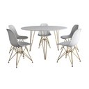 Ver imagem 2 de Mesa Jantar Redonda 110cm Branca Clips 3 Pés com 5 Cadeiras Eames Eiffel Brancas Base Dourada