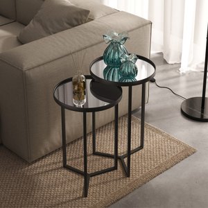 Conjunto de Mesa Lateral Aço com Espelho Redonda Steel Glass Preto - Lh Móveis
