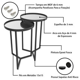 Conjunto de Mesa Lateral Aço com Espelho Redonda Steel Glass Preto - Lh Móveis - 3
