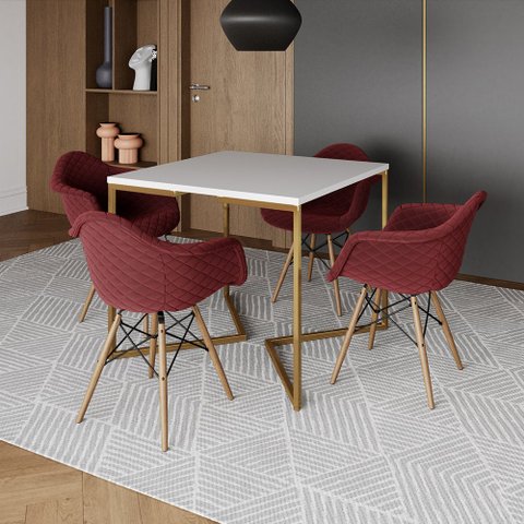 Conjunto de Mesa Industrial Base Dourada Tampo Quadrado 90cm Branco 4 Poltronas Estofadas Vermelho