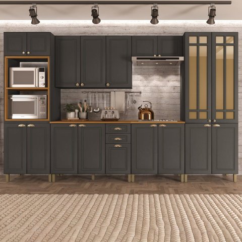 Cozinha Americana Modulada 6 Peças Torre Quente Cristaleira com Vidro Reflecta Com Tampo Paris
