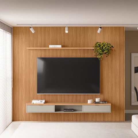 Painel Ripado para TV até 75 Polegadas MDF 300cmx250cm Modular Nicho 1 Prateleira Marrom Nature/Off White