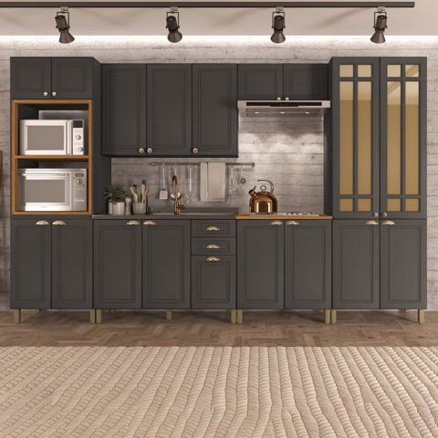 Cozinha Americana Modulada 6 Peças Torre Quente Cristaleira com Vidro Reflecta Sem Tampo Paris