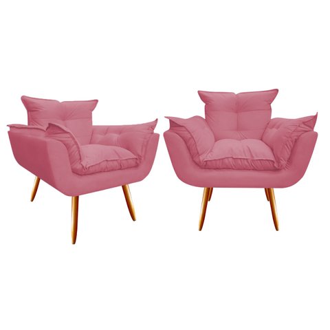 Kit 2 Poltronas Decorativa Opala Suede Rosa Pés Madeira Ms Decor