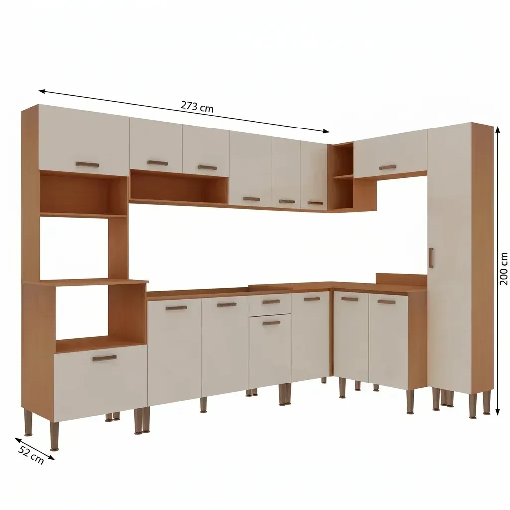 Ver imagem 3 de Cozinha Completa Modulada 8 Peças 100% MDF com Paneleiro Torre Quente e Balcão para Pia Essência Freijó/White Laca Bege