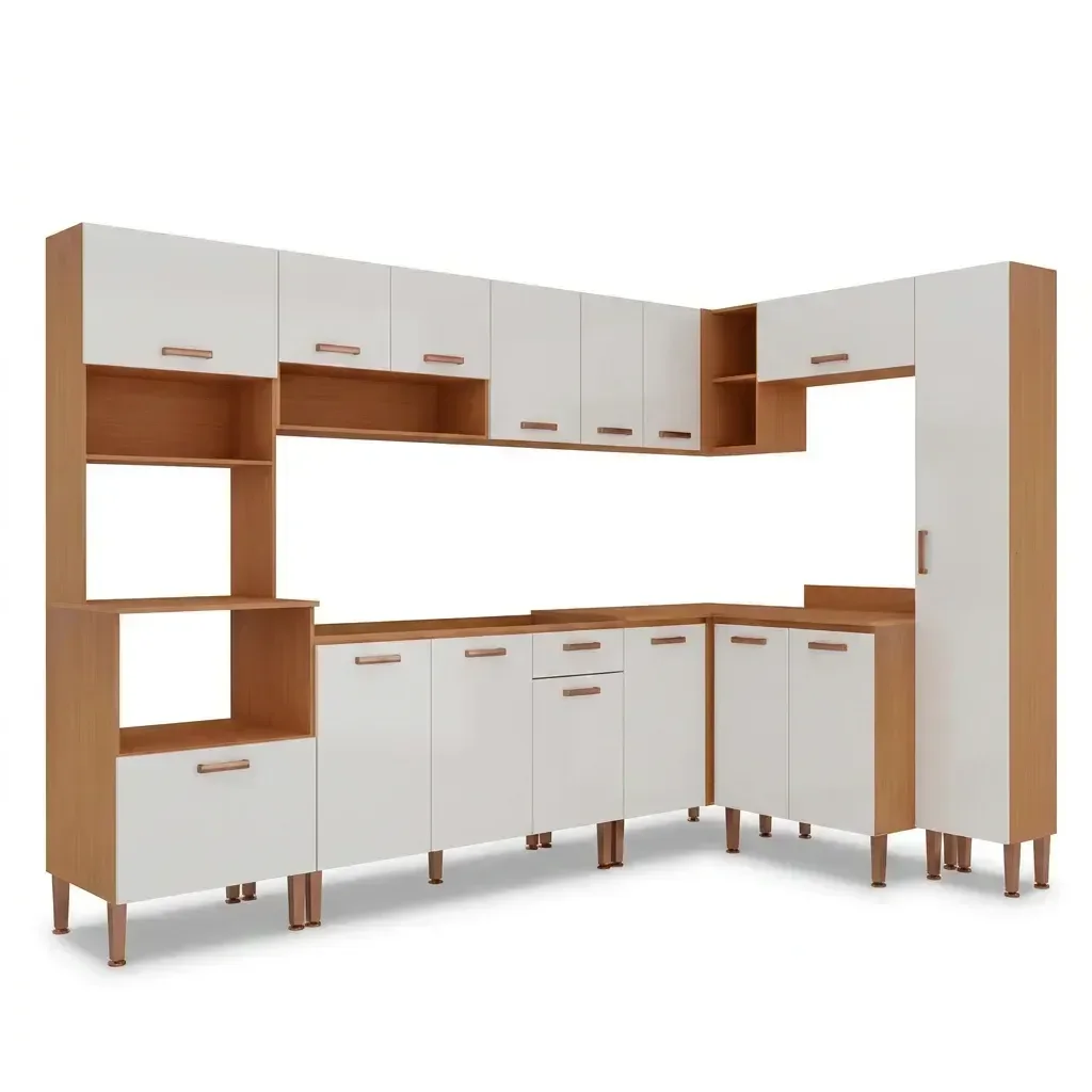 Ver imagem 2 de Cozinha Completa Modulada 8 Peças 100% MDF com Paneleiro Torre Quente e Balcão para Pia Essência Freijó/White Laca Bege