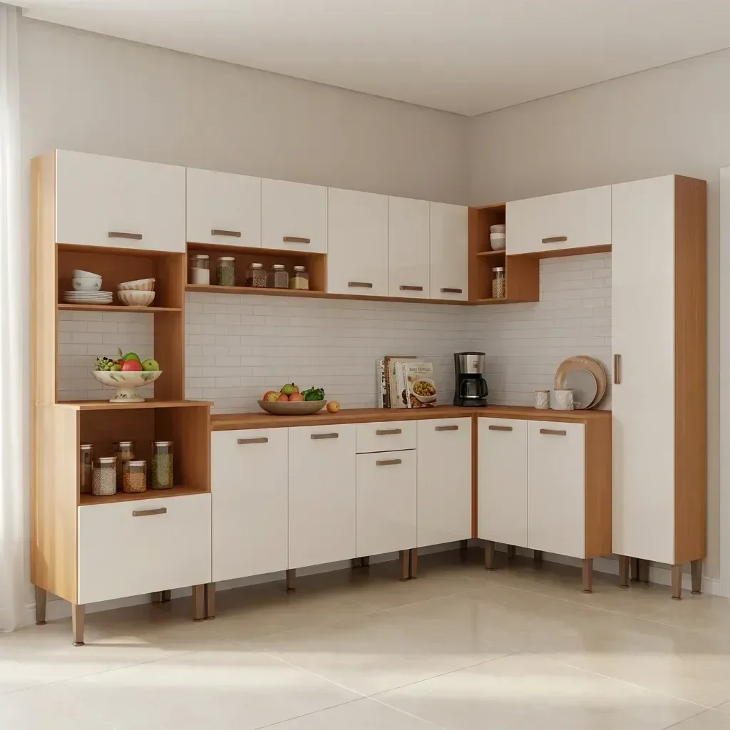 Ver imagem 1 de Cozinha Completa Modulada 8 Peças 100% MDF com Paneleiro Torre Quente e Balcão para Pia Essência Freijó/White Laca Bege
