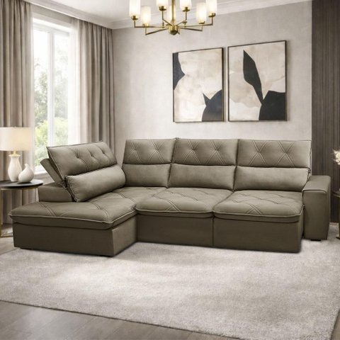 Sofá 3 Lugares Retrátil Reclinável Chaise Esquerdo 258cm Bergen F04 Veludo Amêndoa - Lyam Decor