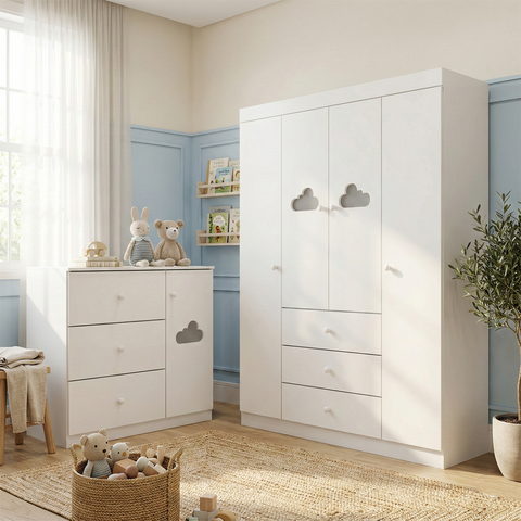 Quarto Infantil Guarda-Roupa 4 Portas e Cômoda 3 Gavetas 100% MDF Ane Branco