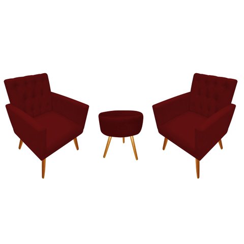 Kit 2 Poltronas Decorativa Nina Capitonê + Puff Redondo Suede Marsala Pés Madeira Mz Decor