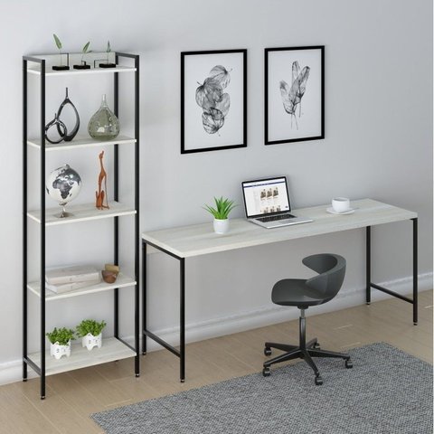 Conjunto Escritório 2 Peças Mesa Diretor Industrial 180cm e Estante 5 Prateleiras Snow Branco