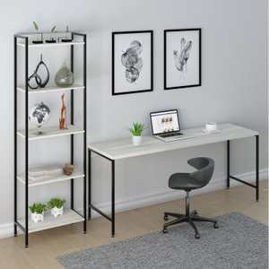 Kit Escritório 2 Peças Mesa Diretor Industrial 180cm e Estante 5 Prateleiras