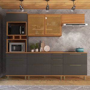 Cozinha Modulada Torre Quente Aéreo 2 Portas 120cm com Vidros Reflecta Balcão com Tampo 120cm Completa 5 Peças Madri