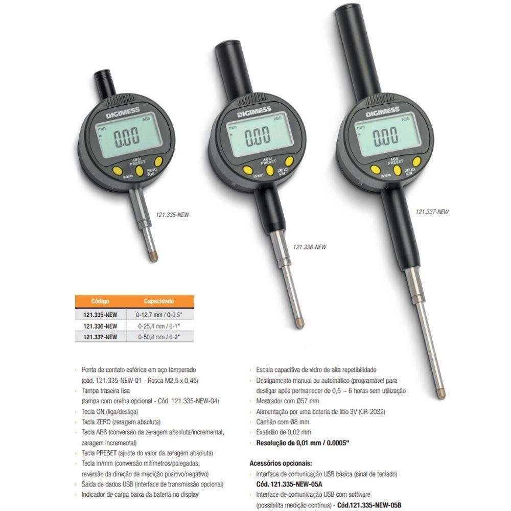 Relógio Comparador Digital - Cap. 0-50,8mm/0.01" - Resolução de 0,01mm/.0005" - Ref.121.337-new - 2