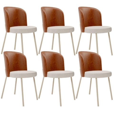 Kit 6 Cadeiras Sala de Jantar Estofada Gavi Arena L02 Couríssimo Camel Linho Cru Lyam Decor