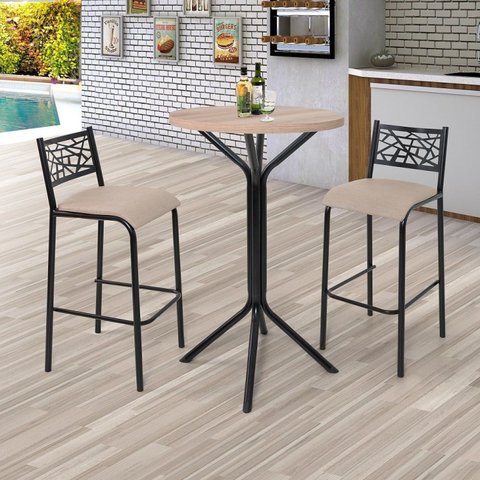 Conjunto Bistrô Dani 2 Banquetas e Mesa Tampo BP Redondo Preto/Fosco/Linho Bege