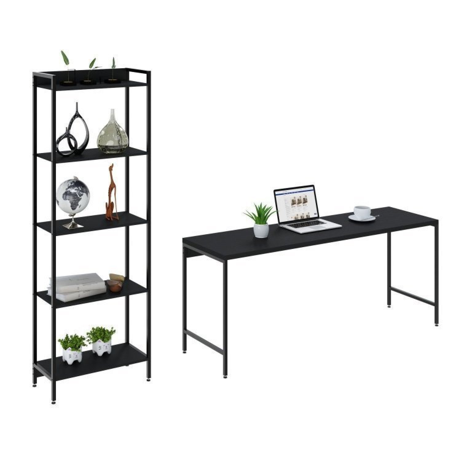 Conjunto Home Office 2 Peças Mesa Diretor Industrial 180cm e Estante 5 Prateleiras Compace - 2